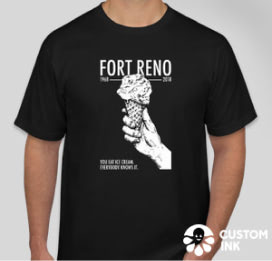 Black Fort Reno T-shirt depicting a hand holding an ice cream cone