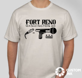 White Fort Reno T-shirt depicting a Microphone